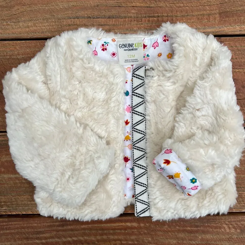 Genuine Kids OshKosh Faux Fur Baby Coat 12M Cream Floral Lined Toddler Jacket